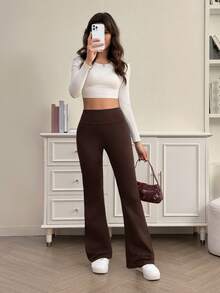 SHEIN Tall 女士高腰显瘦纯黑色休闲裤，适合夏秋季节穿着，高级加长款 - 咖啡棕 - 查看 6