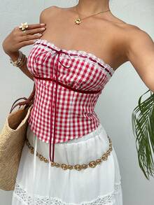Aloruh Áo không tay mới cho nữ, kiểu dáng corset ống màu đỏ trắng kẻ caro với viền ren và nơ trang trí, phong cách Y2K, thích hợp cho mùa xuân/hè, đi biển, nghỉ lễ, hè, đi chơi. - Đỏ và trắng - Xem 7