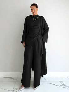 Siren Gaze Bộ 3 món áo và quần nữ màu trơn kiểu dáng thường ngày - màu đen - Xem 5