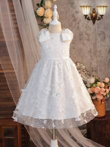 SHEIN Young Girl Elegant Floral Bow Tie Waist Sleeveless White Dress, Princess Dress, Casual Everyday Wear, Wedding Season Dress, Valentine's Day, Flower Girl Dress - White - View 11