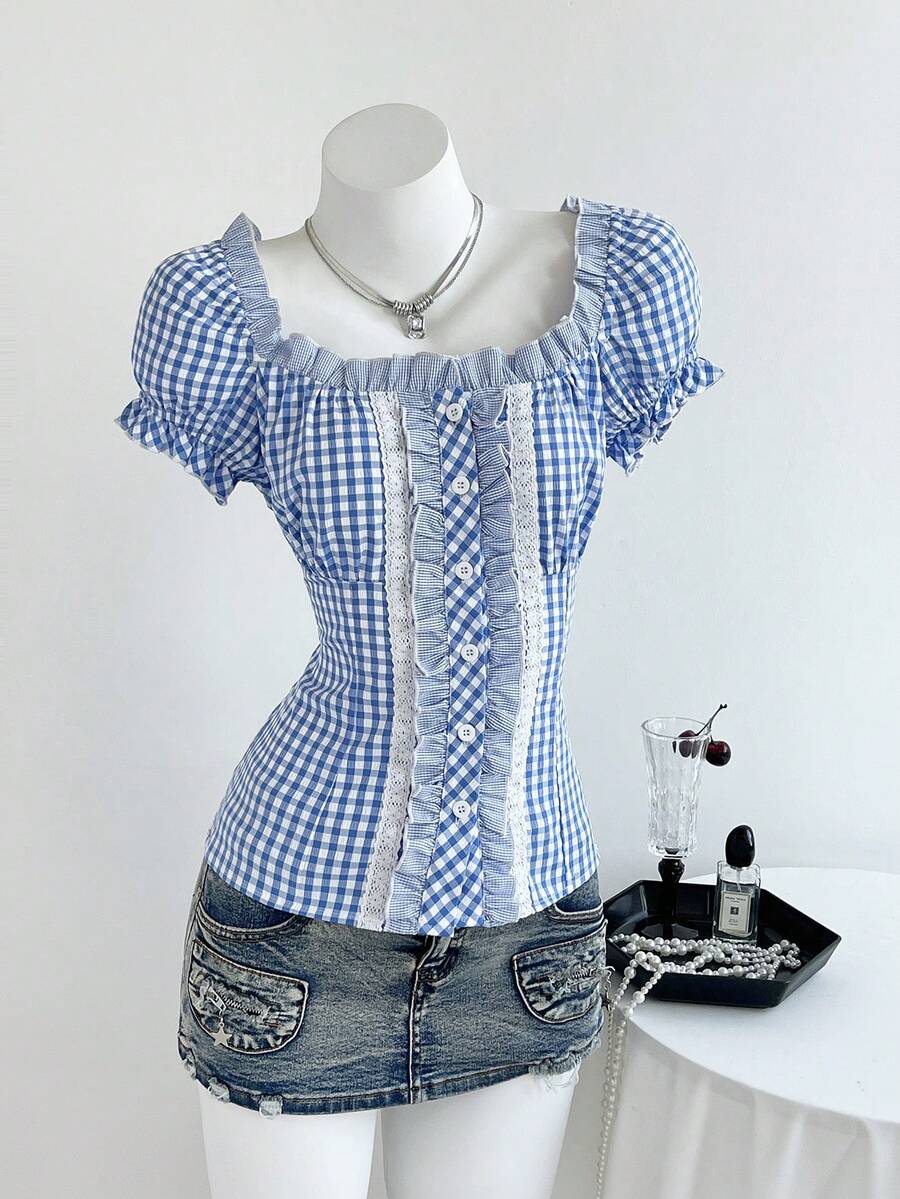 Elamini Women's Square Neck Plaid Print Ruffle Trim Casual Short Sleeve Blouse - Blue - View 1