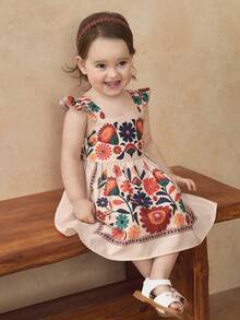 SHEIN Vestido casual con cuello de volantes y estampado floral para niña bebé - Multicolor - Ver 6