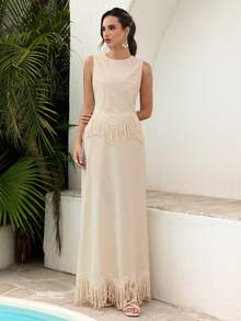 Modelyn Women's Vacation Casual Tassel Hem Camisole And Mini Skirt 2 Pieces Set Fringe Dress Tassel Dress Es Women Fringe Outfits Women Beige Dress Beige Dresses Women - Apricot - View 1