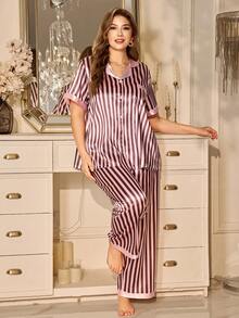 MuseNap CURVE Conjunto de pijama de mujer talla grande con cuello de solapa, manga corta y parches de rayas en seda sintética - Rosa - Ver 5