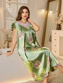 SHEIN Camisón largo elegante de satén con estampado, cuello en V, mangas con volantes de encaje y talla grande - Verde - Ver 6