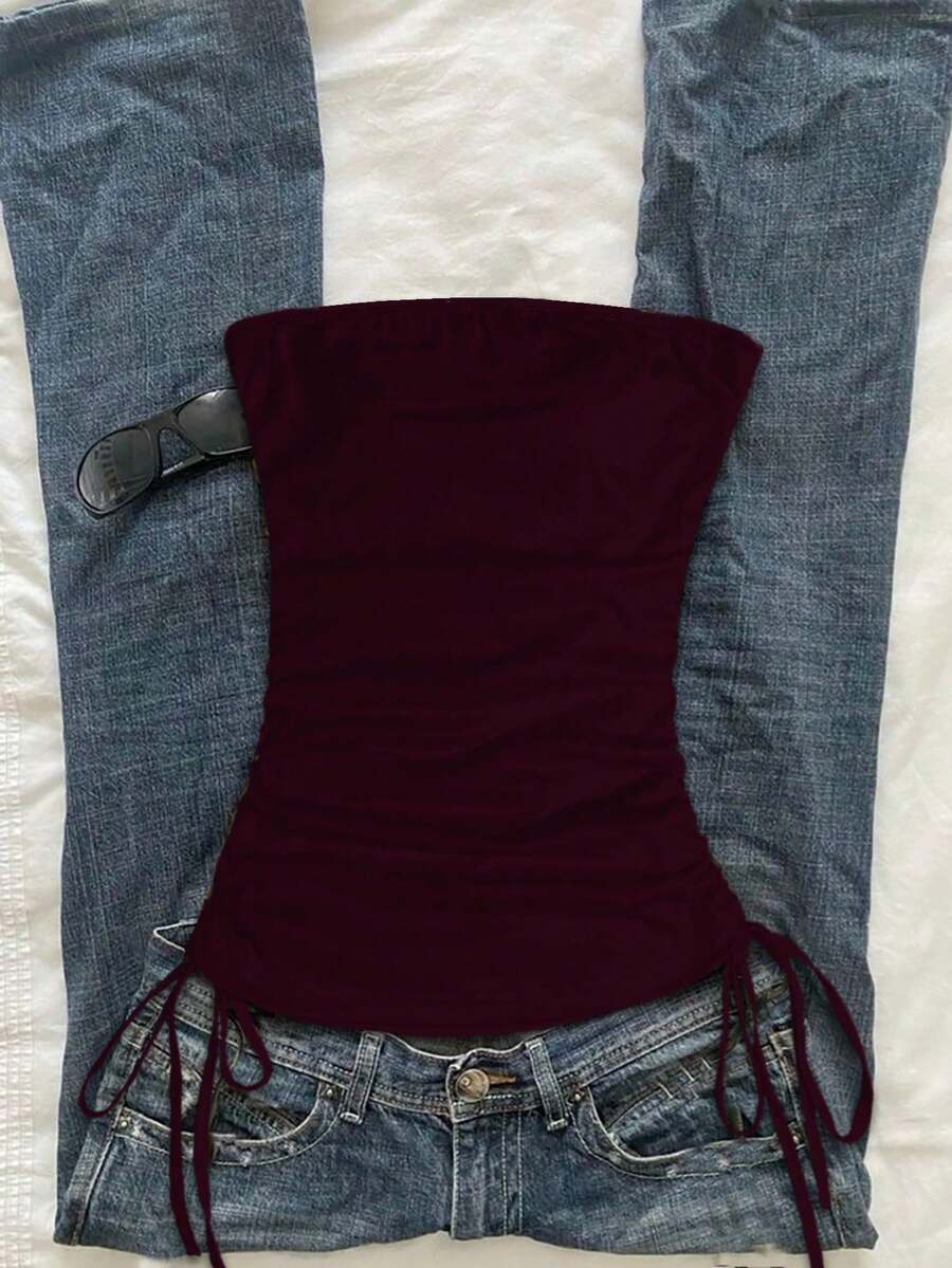 Attitoon Top tubo corto con cordón y nudo delantero casual para mujer - Rojo violeta - Ver 1