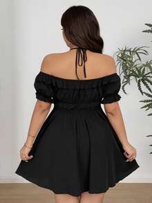 Vionelle Plus Size Women Solid Color Frill Off-Shoulder Front Tie Neck Dress, Vacation - Black - View 5