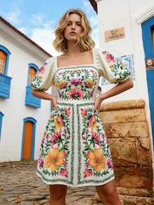 CAJUNI Vestido Casual de Férias Feminino com Estampa Floral Tropical em Amarelo Apricot e Verde, Manga Bufante de Manga Curta, Mini Vestido, Romântico e Natural para Encontros, Festas, Passeios, Festivais de Música - Multicolorido - Visão 4