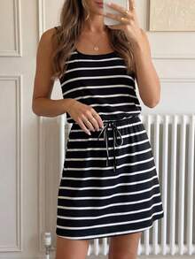Easowa Spring & Autumn Women Casual Stripe Print U-Neck Sleeveless Drawstring Waist Fashion Vacation Dress,Vacation Outfits Woman,Summer Dresses For Women - Black - View 9