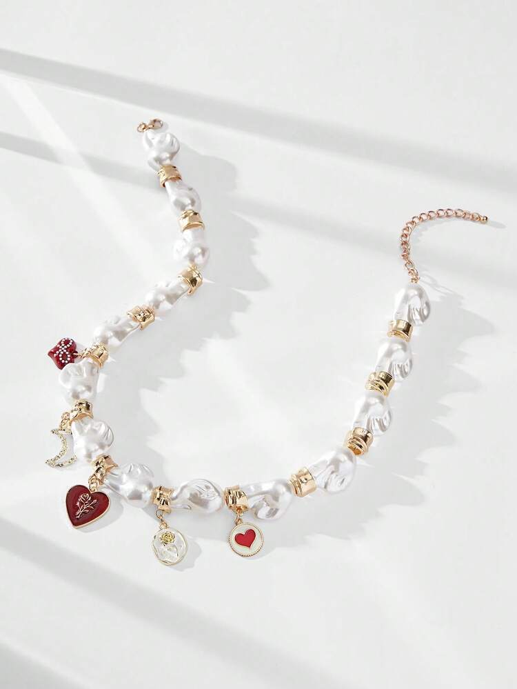 SHEIN Maija Minimalist Fashion Niche Design Pearly Zinc Alloy Enamel Heart Geometric Pendant Casual Necklace