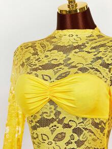 Amplova 女士蕾丝衬衫搭配复古红色薄纱抽绳下摆迷你修身连衣裙，波西米亚风派对装扮 - 黃色 - 查看 5