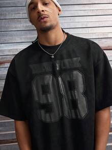 AXEPEAK 男士字母数字印花休闲圆领短袖T恤 - 黑色 - 查看 2