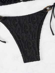 SHEIN Swim 女款紋理打結側面比基尼套裝，細帶沙灘泳裝夏季 - 黑色 - 查看 5