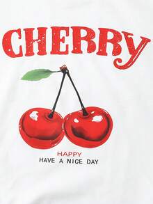 Tween Girl Cherry Letter Print Round Neck Short Sleeve T-Shirt And Striped Pants Casual Outfit - White - View 6