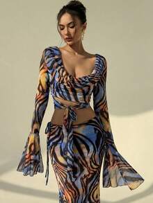 Aloruh Women's Summer Vacation Two-Piece Set, Beachwear, Sexy Retro Zebra Print Animal Print Suit, Y2K Music Festival Outfit, Party Outfit, Girls' Afternoon Tea Outfit. Elegant Printed Round Neck Short Flared Sleeve Top And Skirt Two-Piece Set. - Black - View 4