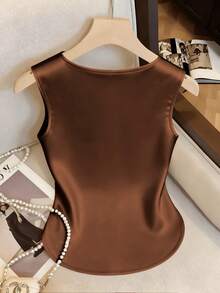 Franclia 极简通勤方领纽扣休闲背心 - 卡其色 - 查看 2