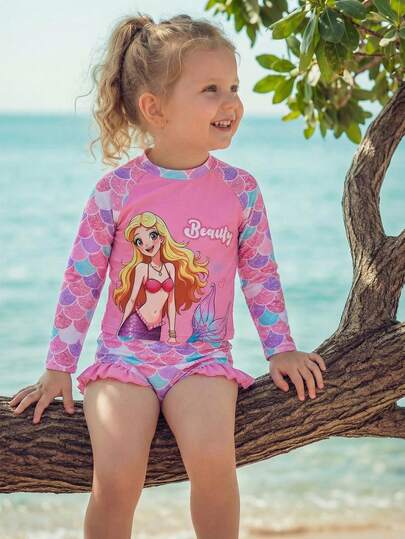 Emery Rose Kids Emery Rose Kids Young Girls' Swimwear Set, Mermaid Fish Scale Design Bowknot Bikini Young Girl Swimming ,Young Girl Beachwear Girls Cartoon Character Swim Wear Kids Long Sleeve Swimwear Girls Long Sleeve Swim Set Princess Swimwear For Toddler Young Girls/ Babygirl Cute Mermaid Print Casual Knit Bowknot Color Blocking Strap One-Piece Swimsuit, Summer Girls Mermaid Print Long Sleeve Rashguard Bikini Set With Ruffled Bottoms And Cartoon Graphic Top Young Girls Pink Mermaid Graphic Long Sleeve Swimwear With Scallop