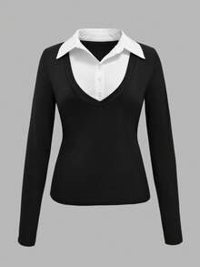 EMERY ROSE 女士休闲长袖修身叠穿上衣，适合日常穿着和通勤，春秋季 - 黑與白 - 查看 3