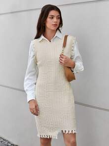 SHEIN Clasi 1入組毛邊緣不對稱下擺毛衣洋裝 - 白色 - 查看 6