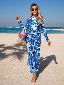 Swim Mulvari 女士扎染花卉经典印花连体泳衣，网纱拼接长款连衣裙，中东风格连体泳装 - 藍色 - 查看 3