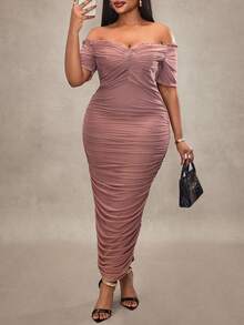 Truni 大码女式夏季优雅弹力网眼单肩褶皱中长连衣裙，女士生日礼服