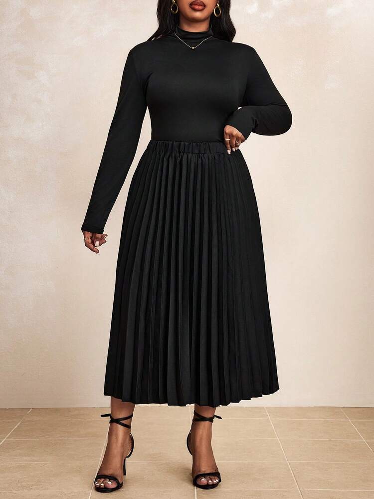 Truni 春夏优雅通勤办公室婚礼鸡尾酒会白色编织褶皱中长加大码半身裙 - 黑色 - 查看 7