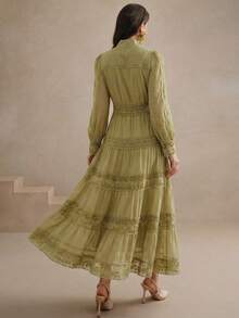 Anewsta Elegant Women's Lime Green A-Line Long Dress With Notched Neckline Ruffle Hem And Organza Puff Extra-Long Sleeves For Spring Summer - Lime Green - View 2