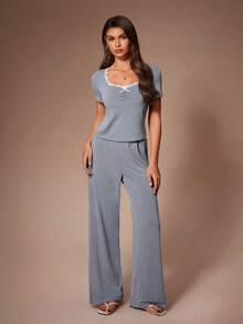 Lazeform 女士休闲花卉拼接方领褶裥短袖长裤睡衣套装 - 霧霾藍 - 查看 5