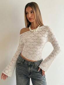 Aloruh 白色性感不对称露肩喇叭袖薄纱上衣，适合女士，秋冬季、情人节、夏季假期、生日、外出、度假穿着。 - 白色 - 查看 1