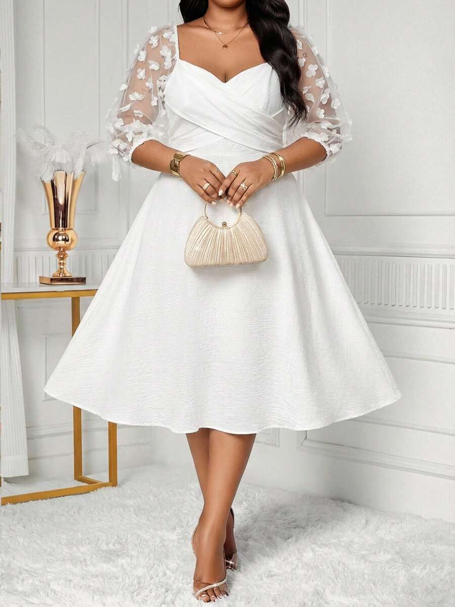 SHEIN Lady 大码夏季优雅撞色网纱贴花心形领连衣裙