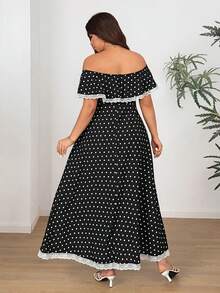 Vionelle Plus Size Women's Spring/Summer Black Elegant Romantic Polka Dot Tube Lace Trim Maxi Dress, Waist Cinching Slimming, Suitable For Parties, Dates, Valentine's Day, Garden Parties - Black and White - View 2