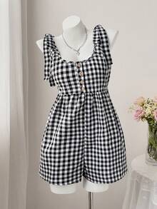 Sweetra 可爱田园风休闲系带露肩蝴蝶结方领短款连体裤 - 彩色 - 查看 1