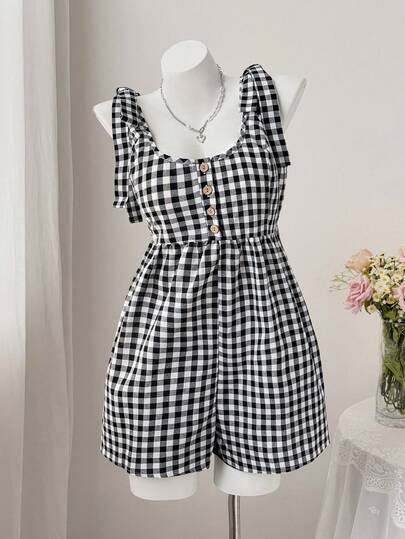 Sweetra 可爱田园风休闲系带露肩蝴蝶结方领短款连体裤