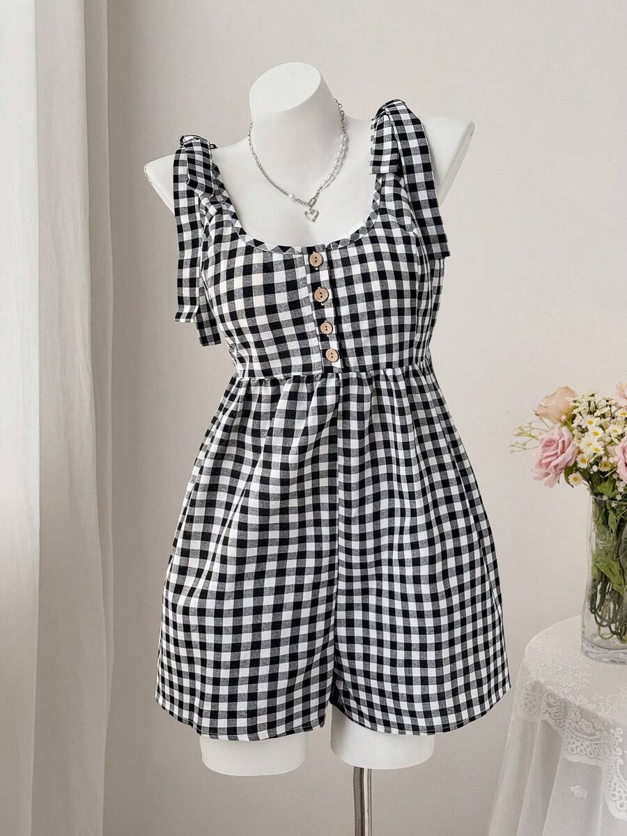 Sweetra 可爱田园风休闲系带露肩蝴蝶结方领短款连体裤 - 彩色 - 查看 1