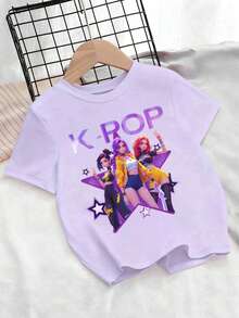 Tween Girls' Casual Letter & Cartoon Graphic Round Neck Short Sleeve T-Shirt, Summer - Black - View 3