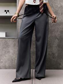 INAWLY Women's Casual Commuter Striped Contrast Lace Straight Pants - Grey - View 1
