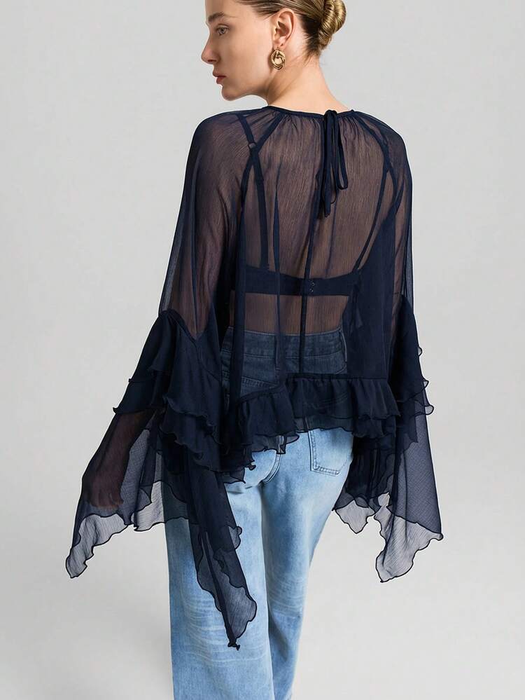Women's Loose Ruched Hem Semi-Sheer Blouse, Versatile For Urban Commute, Business, Casual, Elegant For Holiday, Party, Summer