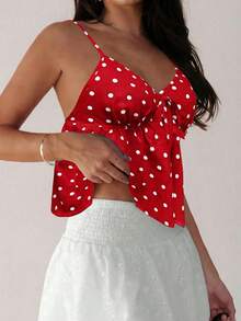 Almamuse Women's Summer Beach Vacation Polka Dot Print Twist Front Babydoll Cami Top Cute Red Top Red Summer Top Pokadot Top Polkadot Top Red Top Women - Red - View 3