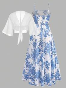 Franclia 大码女式印花雪纺喇叭袖外套和吊带裙两件套，优雅度假装，印花连衣裙搭配雪纺开衫，度假女装半身裙套装，夏季两件套，蓝白连衣裙，女士夏季套装，夏季半身裙套装，夏季两件套，夏季连衣裙搭配罩衫，女士夏季套装，印花吊带裙，度假女装 - 藍白色 - 查看 2