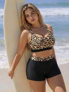 SHEIN Swim SPRTY Plus Size Leopard Print Bikini Set, Beach & Holiday Bikini Set - Multicolor - View 5