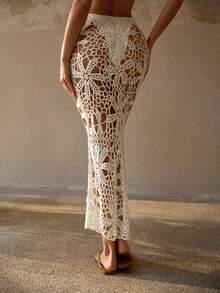 MOTF PREMIUM HANDMADE CROCHET FLORAL KNITTED LIGHTWEIGHT SHEER ROMANTIC COVER-UP SKIRT, SUITABLE FOR BEACH - Beige - View 3