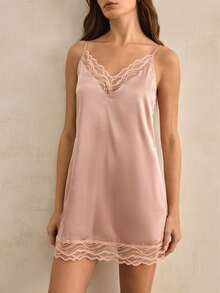 Charlaine Elegant & Romantic Women Lace Patchwork Camisole Nightgown - Dusty Pink - View 4