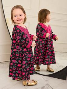 SHEIN Baby Girl Ditsy Floral V-Neck Loose Casual Dress - Multicolor - View 3