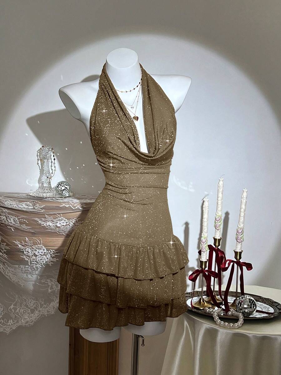 Elamini Women's Draped Neck Ruffle Hem Sexy Mini Dress For Party - Khaki - View 1