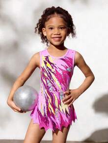 SHEIN 女童无袖印花韵律体操运动服，舒适亲肤，贴身设计防止走光，适合学校舞蹈比赛，四季皆宜，秋冬季均可穿着。 - 玫紅色 - 查看 3