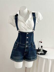 Elamini Y2K Fashion Casual Retro Button Cuff Denim Bib Shorts - Medium Wash - View 4