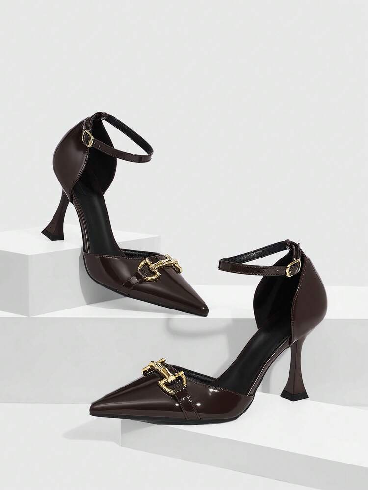 CUCCOO SZL Women's High Heels Brown Pointed Toe Back Top Buckle Adjustable 9CM Women's Elegant Stiletto Mirror PU Material Metal Bamboo Buckle Decoration Brown High Heels Fashionable Versatile Suitable For Daily/Party/Christmas Valentine's Day Dating/Commuting/Formal Women's Shoes