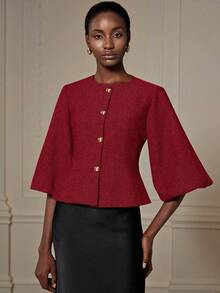 Aveloria Revavyn Elegante chaqueta tipo blazer retro de estilo francés para mujer con diseño de lujo y alta gama, cuello redondo, mangas abombadas, cintura ceñida y botones metálicos - Rojo - Ver 2