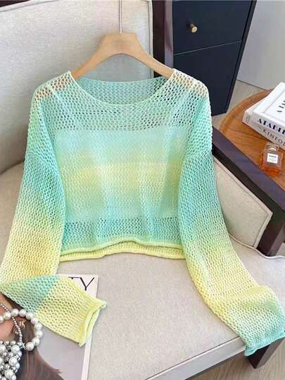 INAWLY Plus Size Gradient Hollow Out Knit Sweater, Suitable For Beach & Vacation