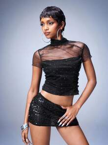 Y2Kool BiGraphic 女士水钻撞色网纱高领时尚短款T恤 - 黑色 - 查看 3